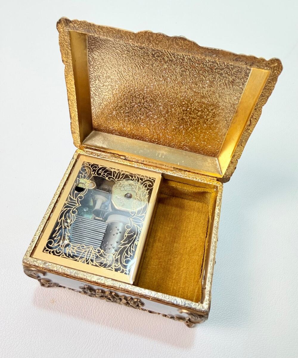 Vintage Sankyo Japan Footed Metal Music Jewelry Box Iris Flower Butterfly Enamel